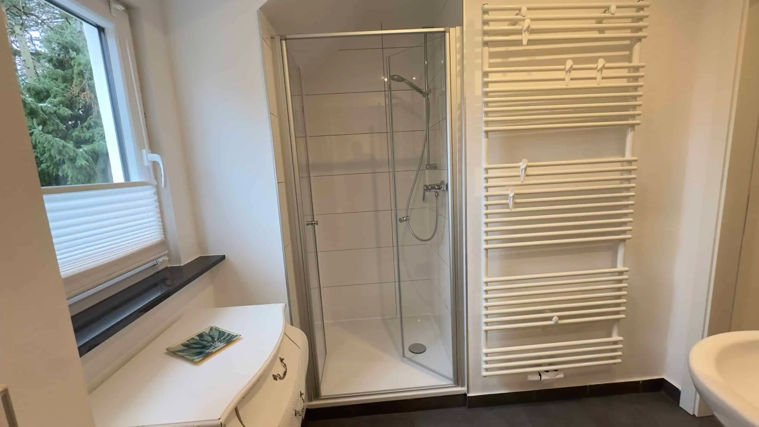 Helles Badezimmer mit Dusche, Handtuchheizkörper und weißer Kommode am Fenster